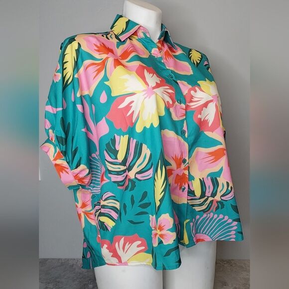 Womens Oversized Size S Tropical Print Button down Blouse Floral Top - Picture 1 of 10